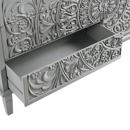 Chantilly Mid Grey Carved Wide 6 Drawer Chest