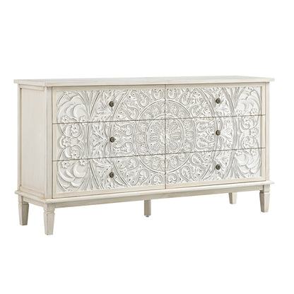 Chantilly Whitewashed Carved Wide 6 Drawer Chest