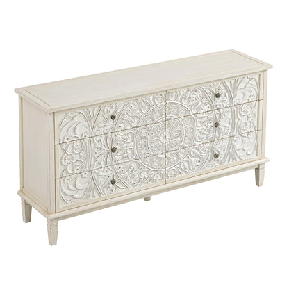 Chantilly Whitewashed Carved Wide 6 Drawer Chest