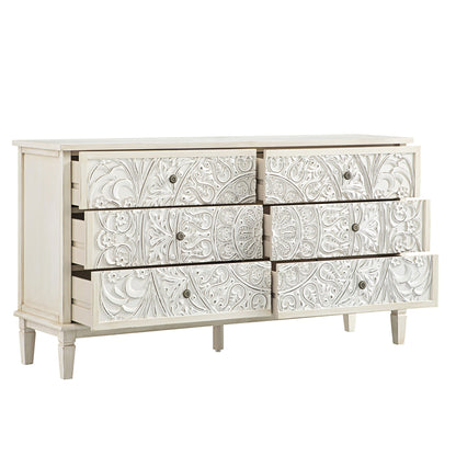 Chantilly Whitewashed Carved Wide 6 Drawer Chest