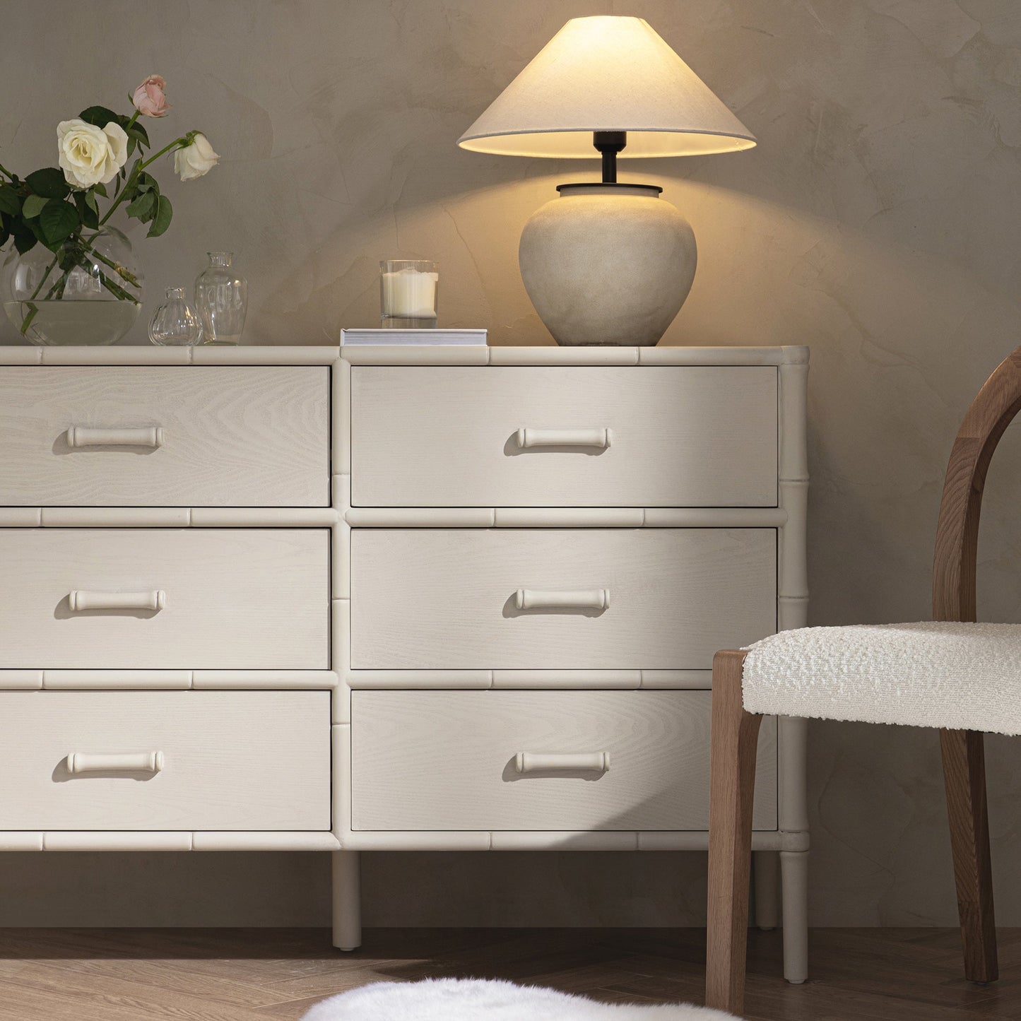 Elstowe Faux Bamboo 6-Drawer Chest, Shaded White