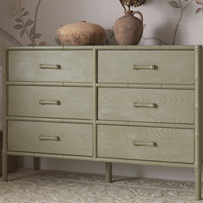 Elstowe Faux Bamboo 6-Drawer Chest, Sage Green