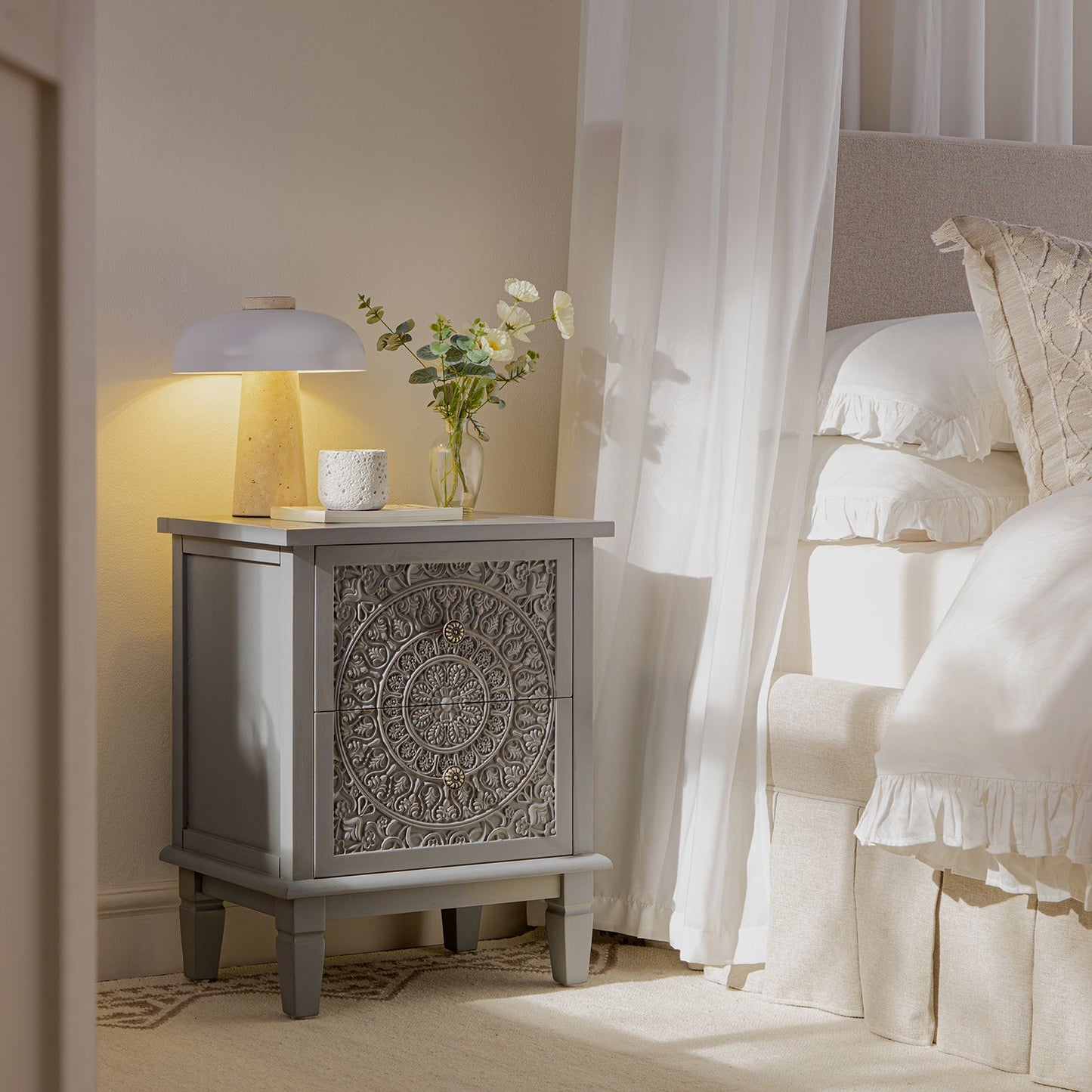 Chantilly Mid Grey Carved 2 Drawer Bedside Table