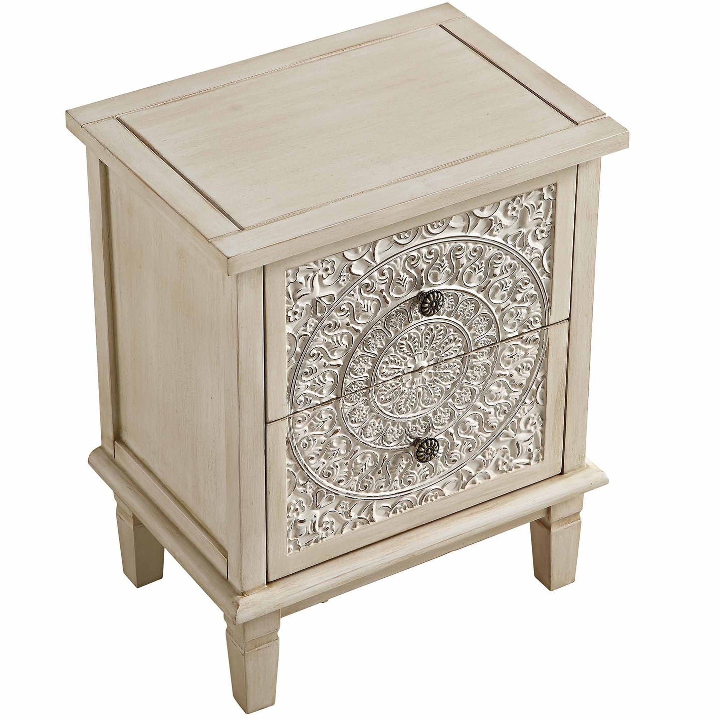 Chantilly Whitewashed Carved 2 Drawer Bedside Table
