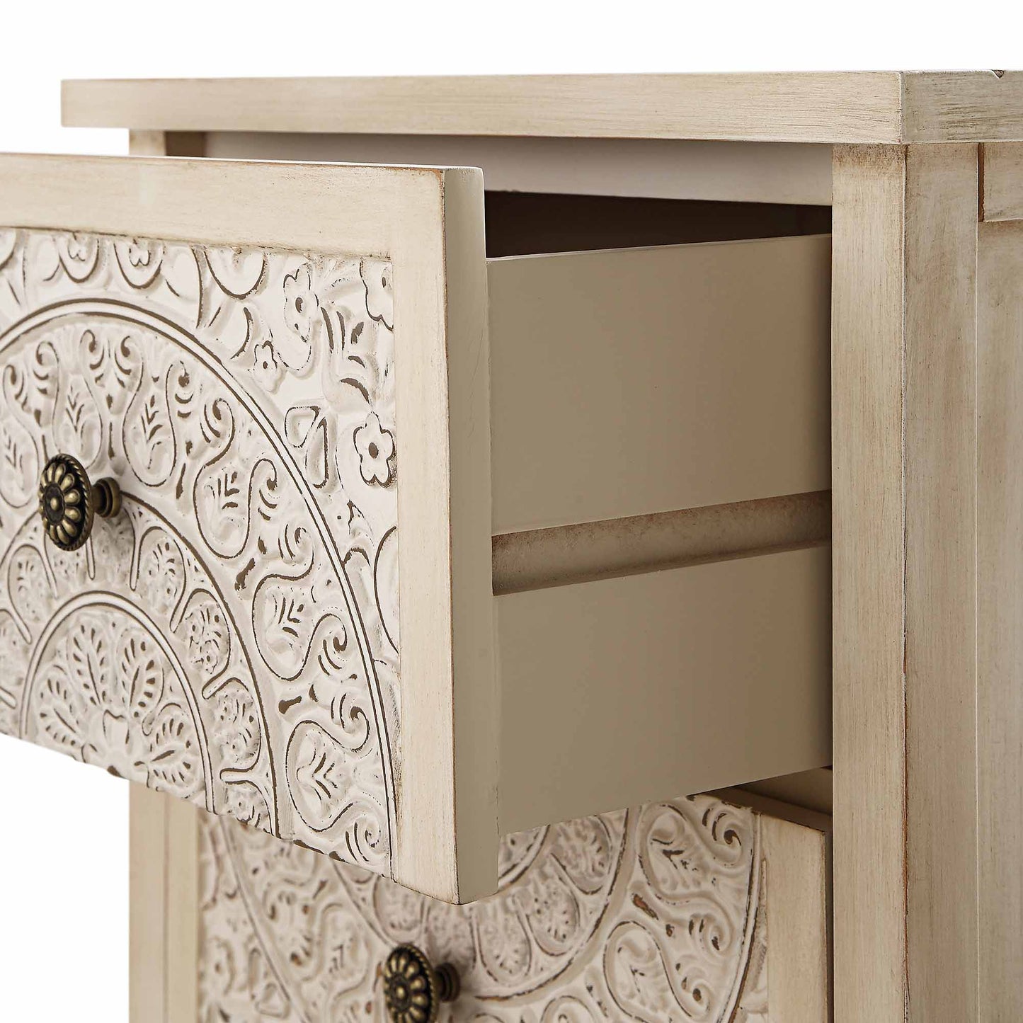 Chantilly Whitewashed Carved 2 Drawer Bedside Table