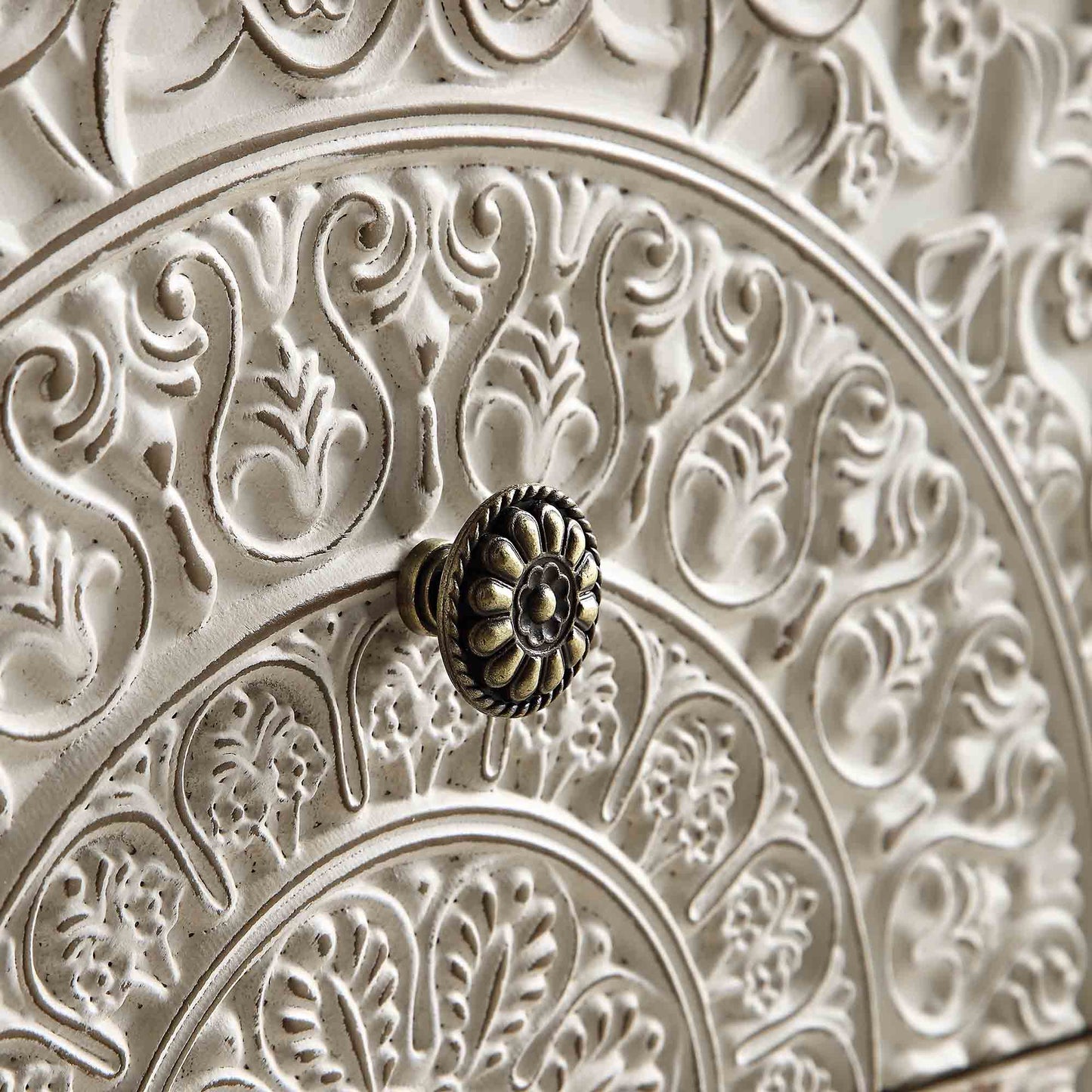 Chantilly Whitewashed Carved 2 Drawer Bedside Table