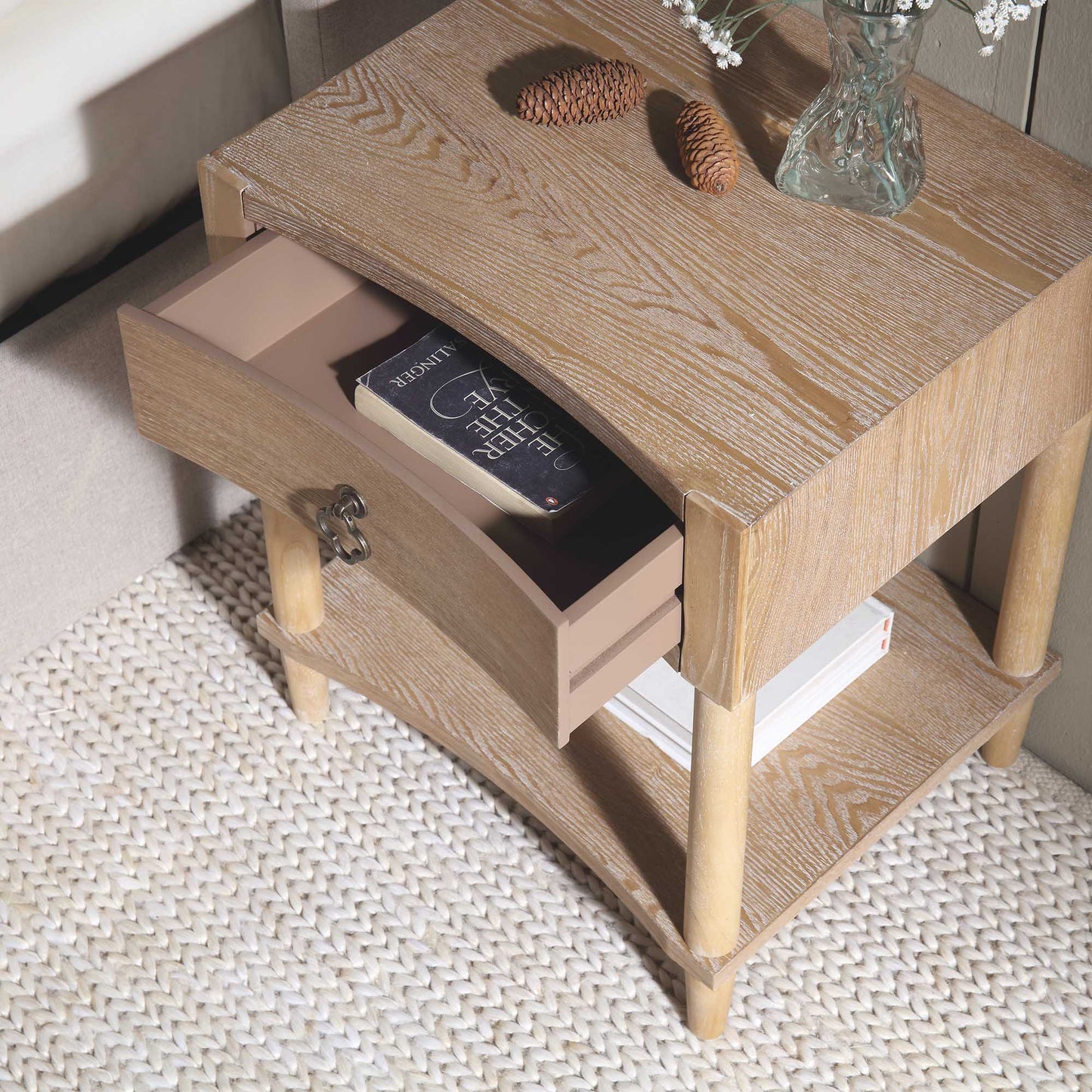 Thalia Concave 1 Drawer Bedside Table, Natural
