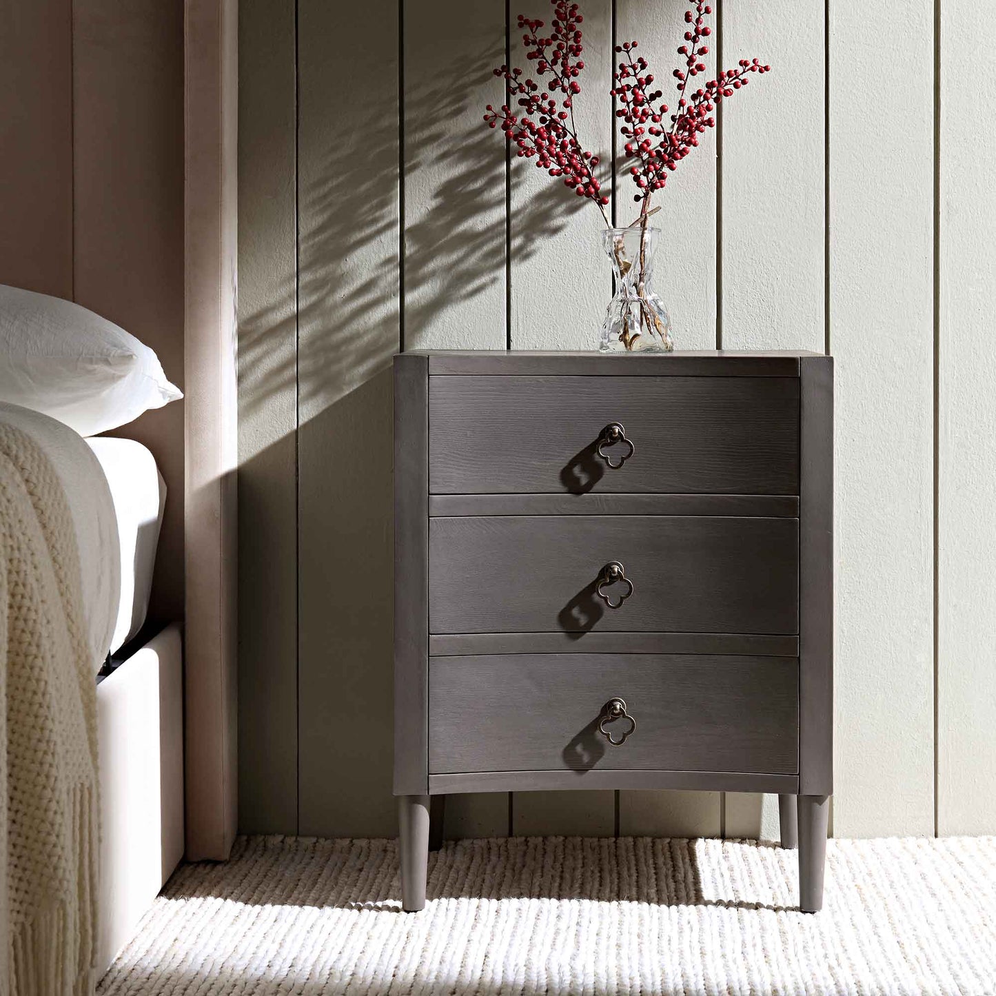Thalia Concave 3 Drawer Bedside Table, Silver Oak