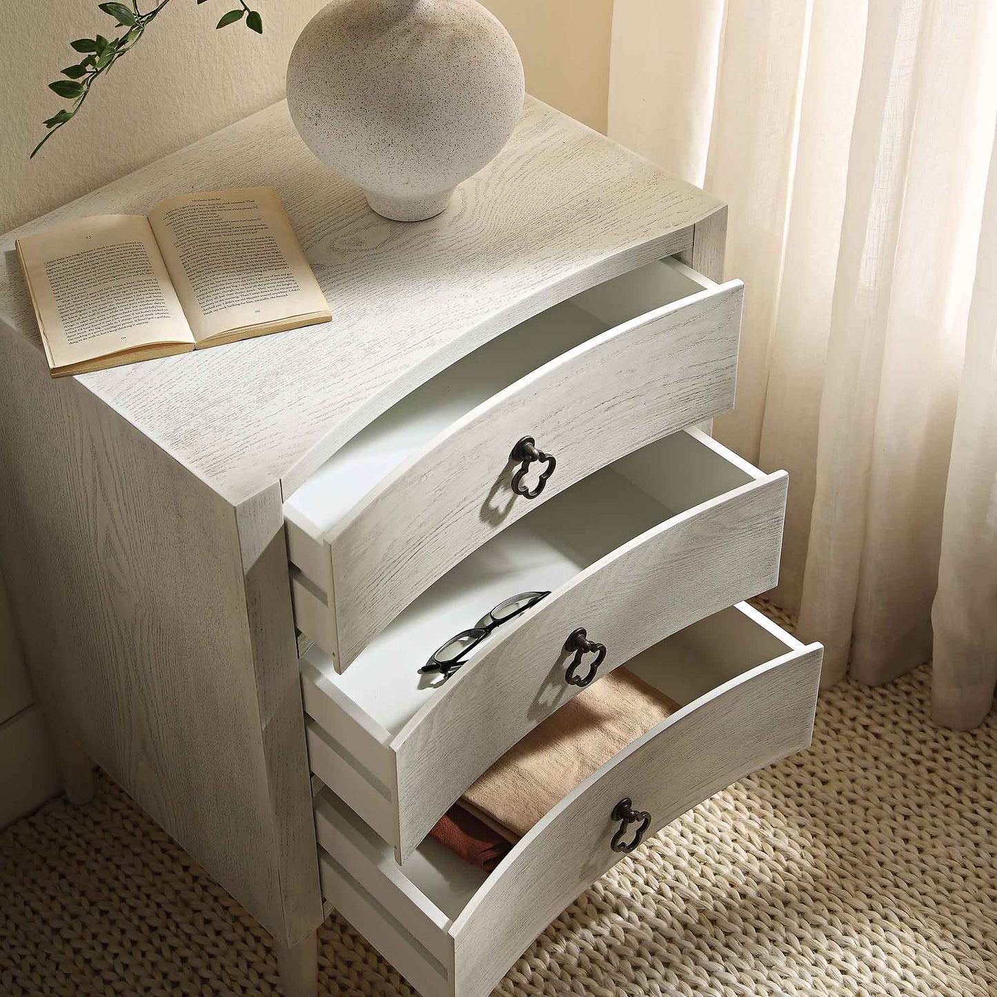 Thalia Concave 3 Drawer Bedside Table, Washed White