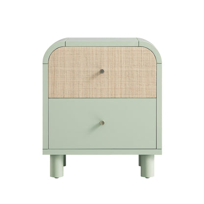 Maude 2 Drawer Bedside Table, Muted Pistachio Ash with Raffia