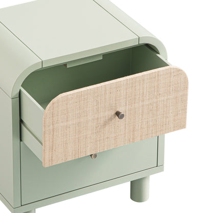 Maude 2 Drawer Bedside Table, Muted Pistachio Ash with Raffia