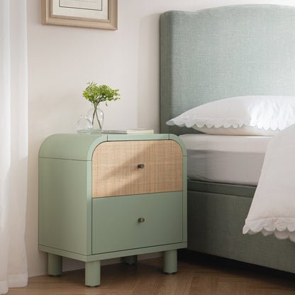 Maude 2 Drawer Bedside Table, Muted Pistachio Ash with Raffia