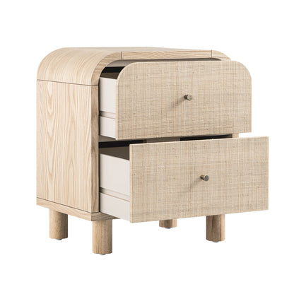 Maude 2 Drawer Bedside Table, Natural Ash with Raffia
