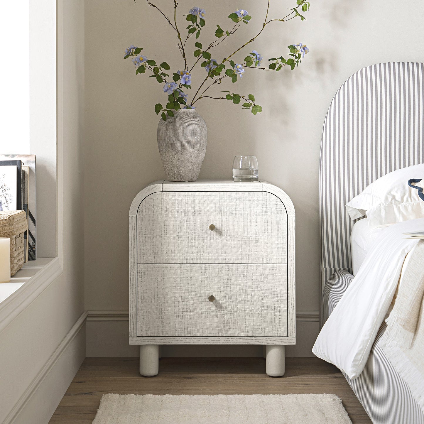 Maude 2 Drawer Bedside Table, Washed White Ash with Raffia