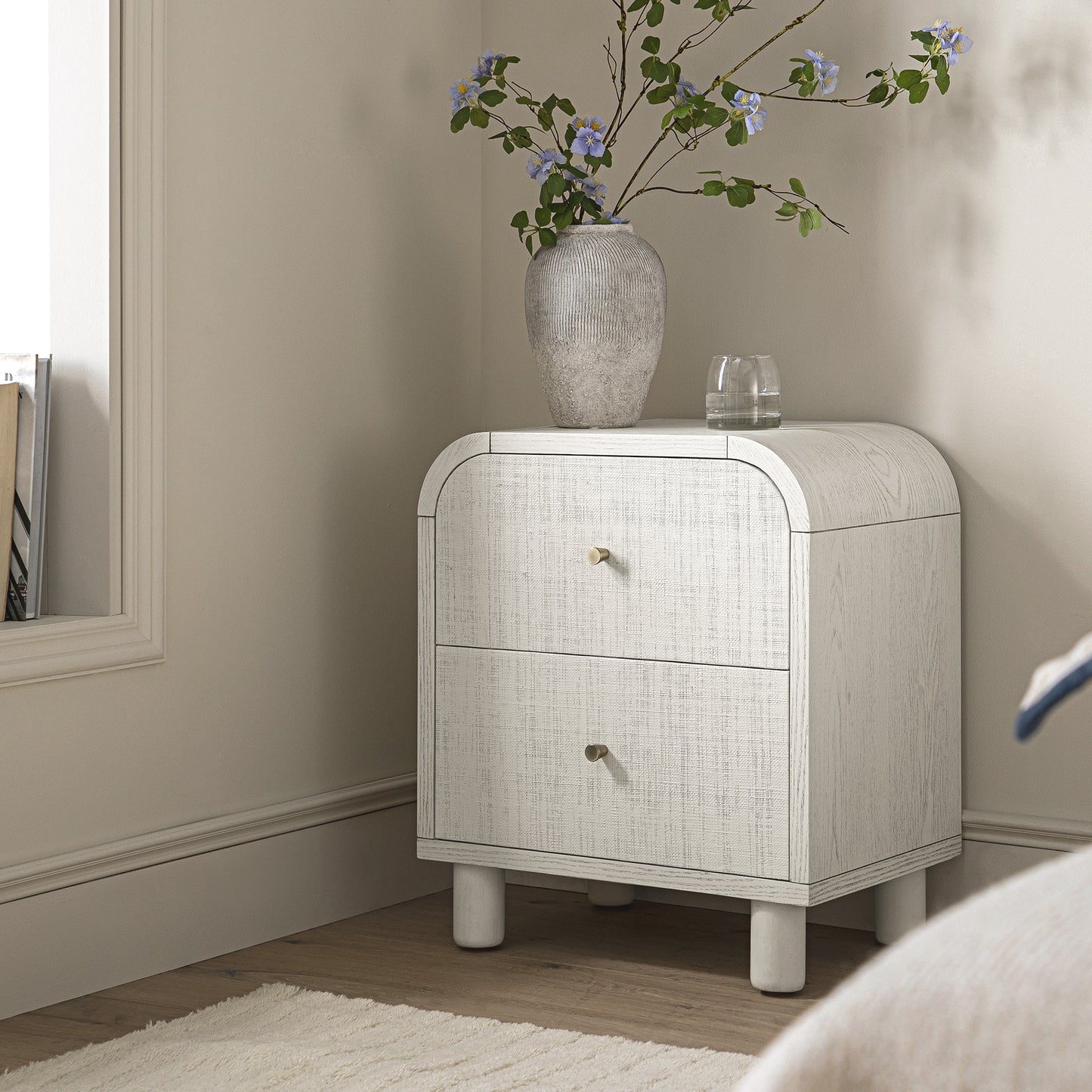 Maude 2 Drawer Bedside Table, Washed White Ash with Raffia