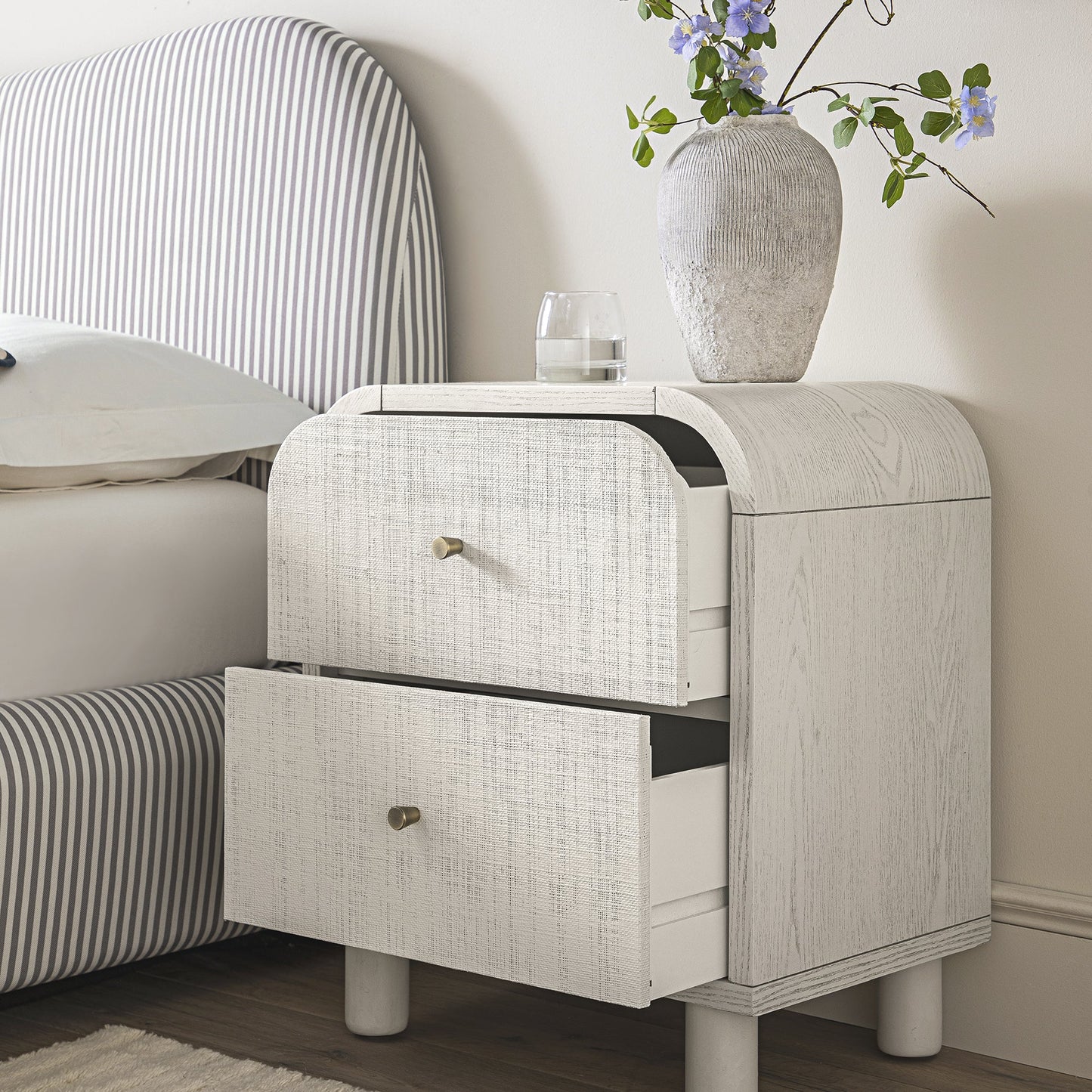 Maude 2 Drawer Bedside Table, Washed White Ash with Raffia