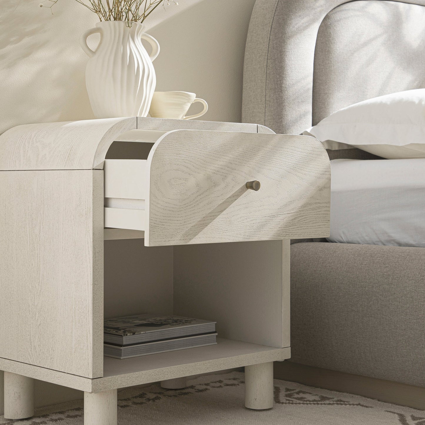 Maude 1 Drawer Bedside Table, Washed White Ash