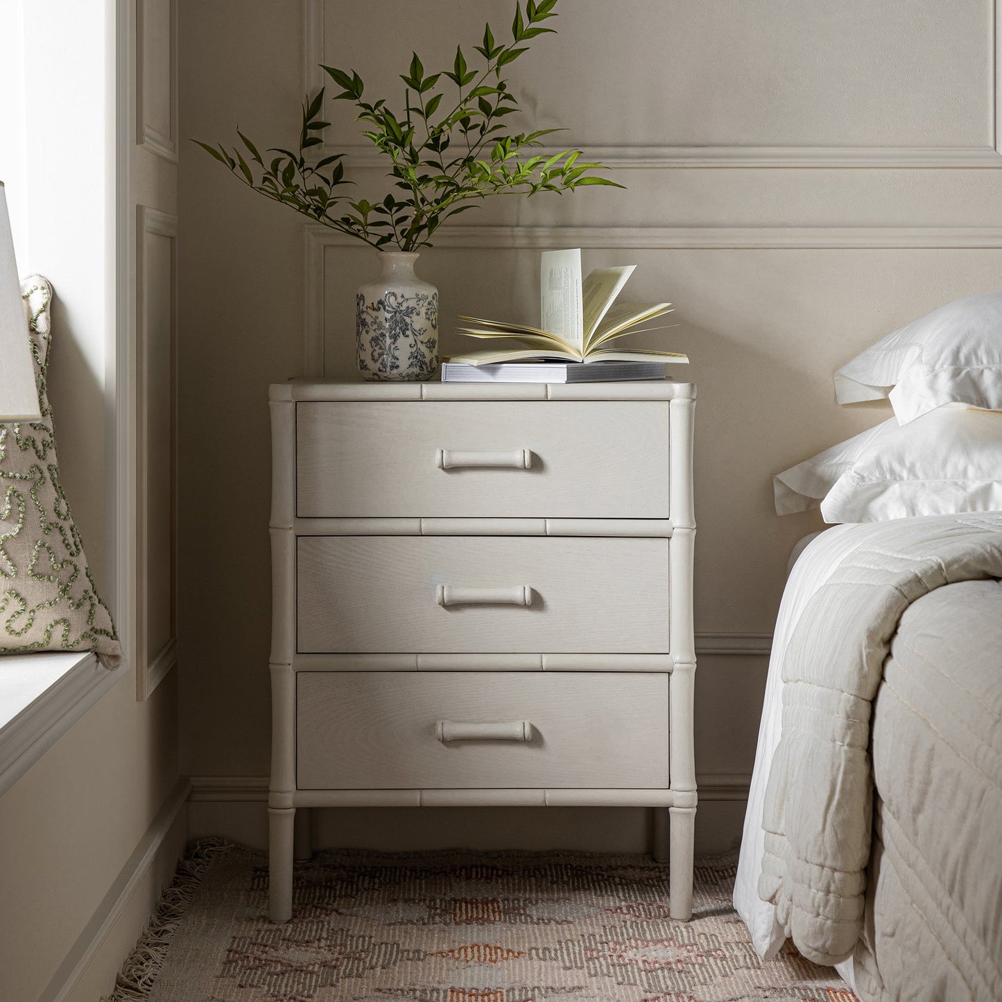 Elstowe Faux Bamboo 3-Drawer Bedside Table, Shaded White