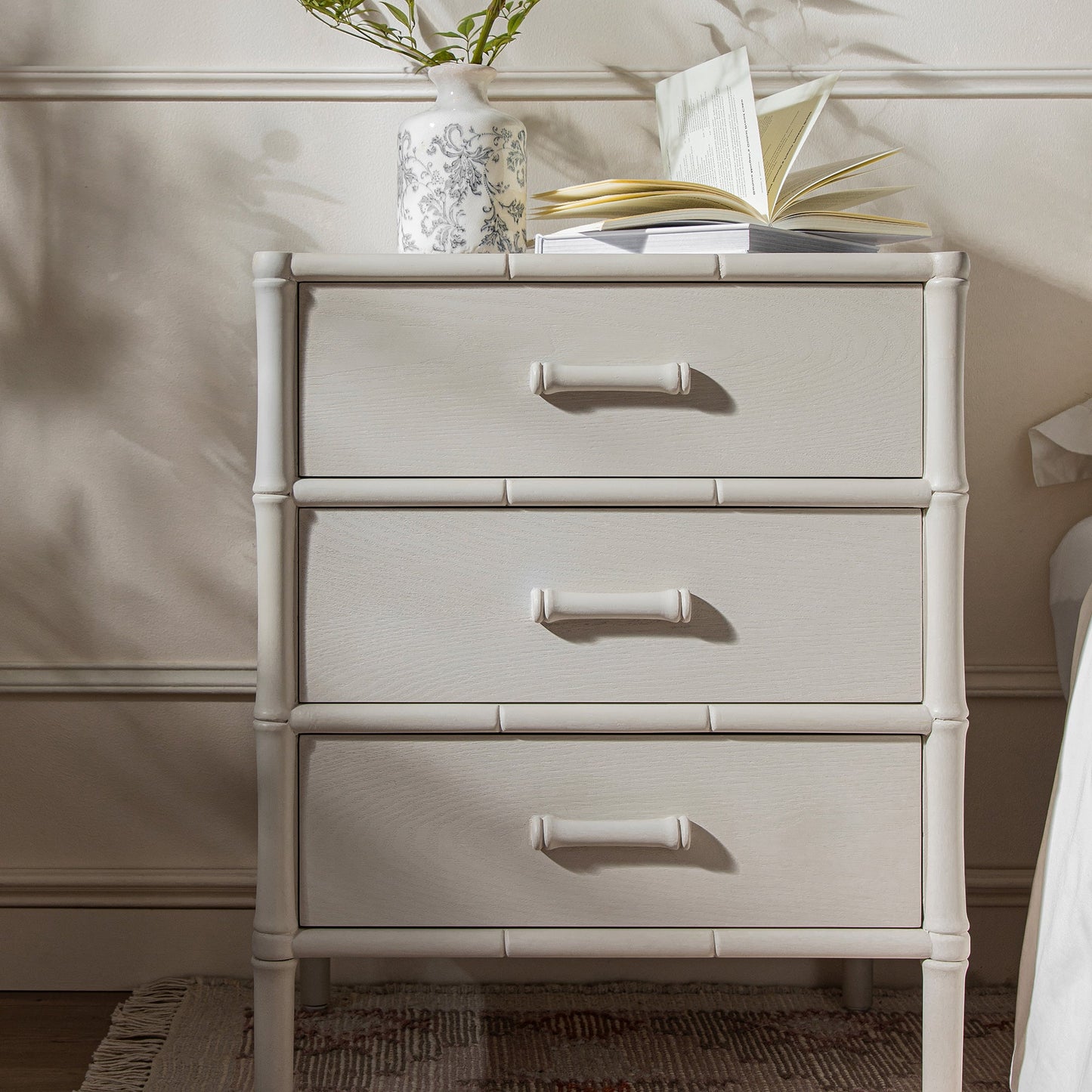 Elstowe Faux Bamboo 3-Drawer Bedside Table, Shaded White