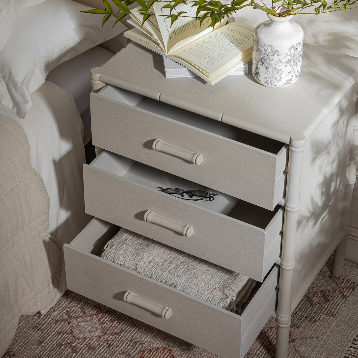 Elstowe Faux Bamboo 3-Drawer Bedside Table, Shaded White
