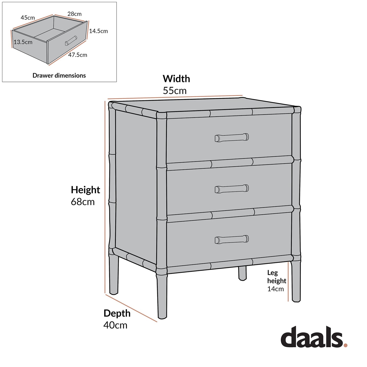 Elstowe Faux Bamboo 3-Drawer Bedside Table, Sage Green