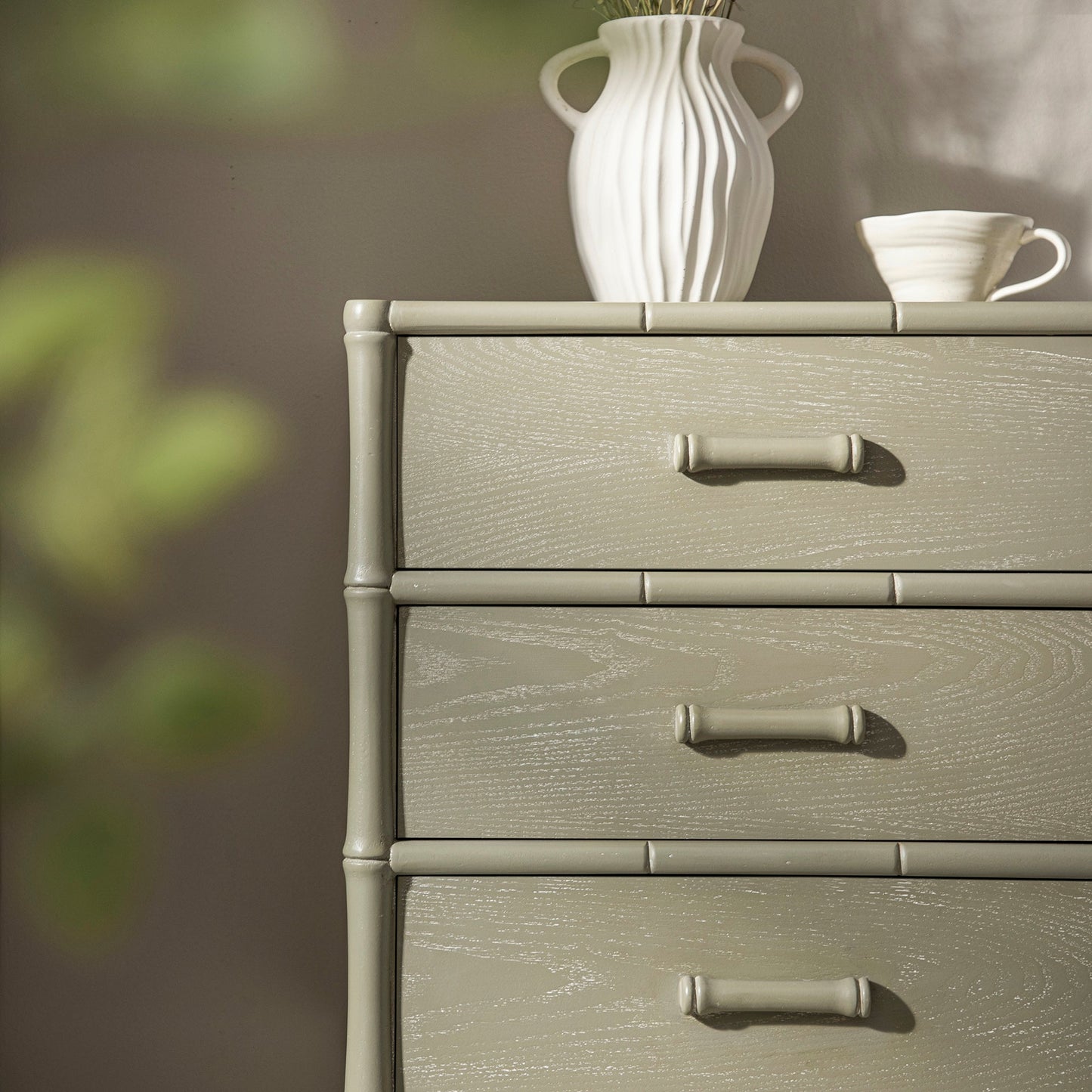 Elstowe Faux Bamboo 3-Drawer Bedside Table, Sage Green