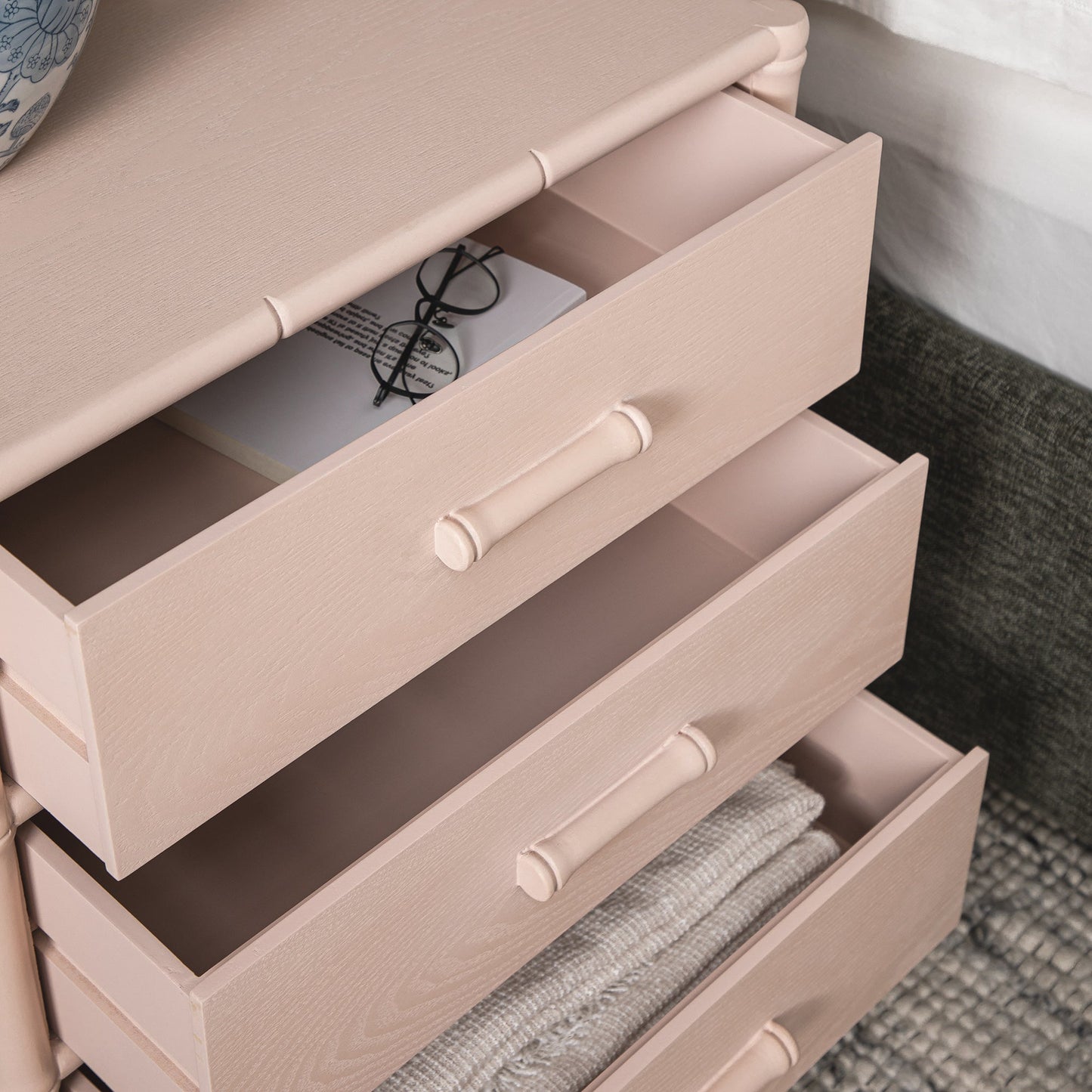 Elstowe Faux Bamboo 3-Drawer Bedside Table, Nude Pink