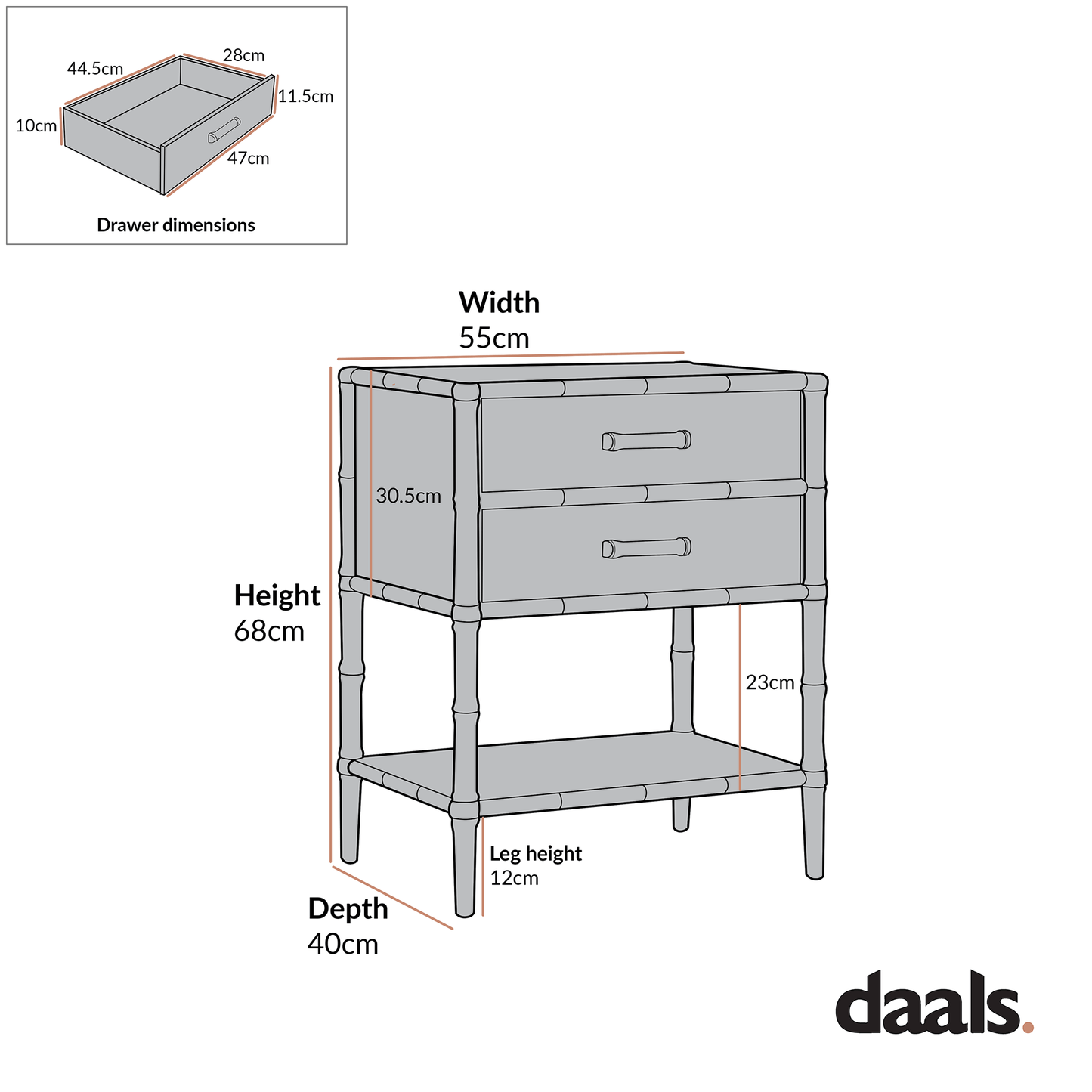 Elstowe Faux Bamboo 2-Drawer Bedside Table, Warm Grey
