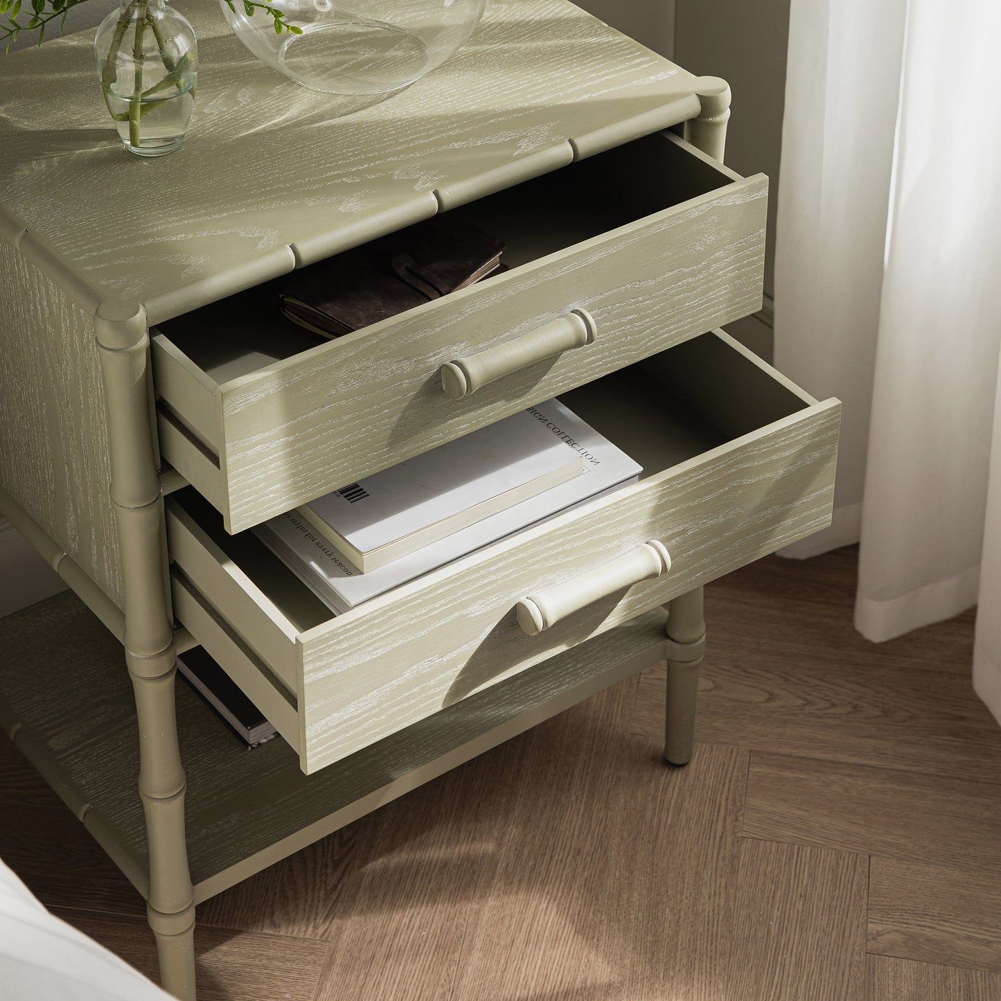Elstowe Faux Bamboo 2-Drawer Bedside Table, Sage Green