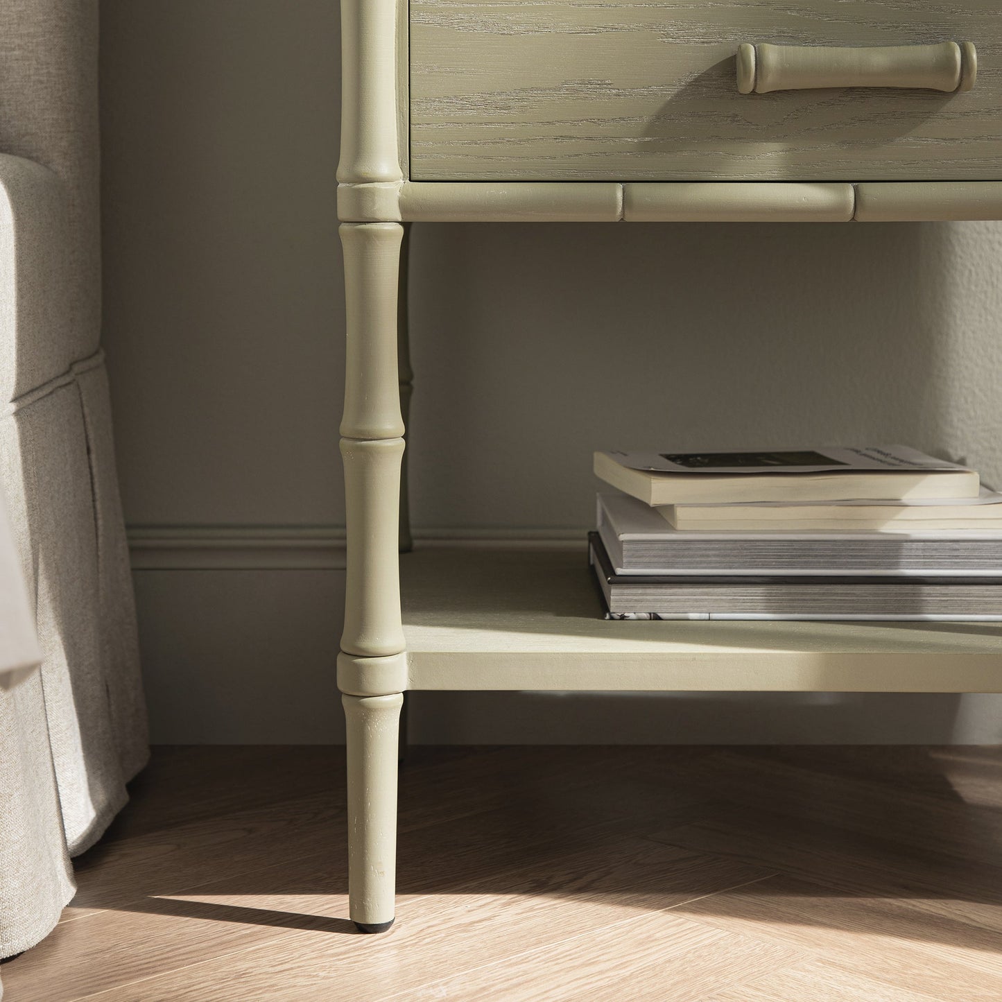 Elstowe Faux Bamboo 2-Drawer Bedside Table, Sage Green