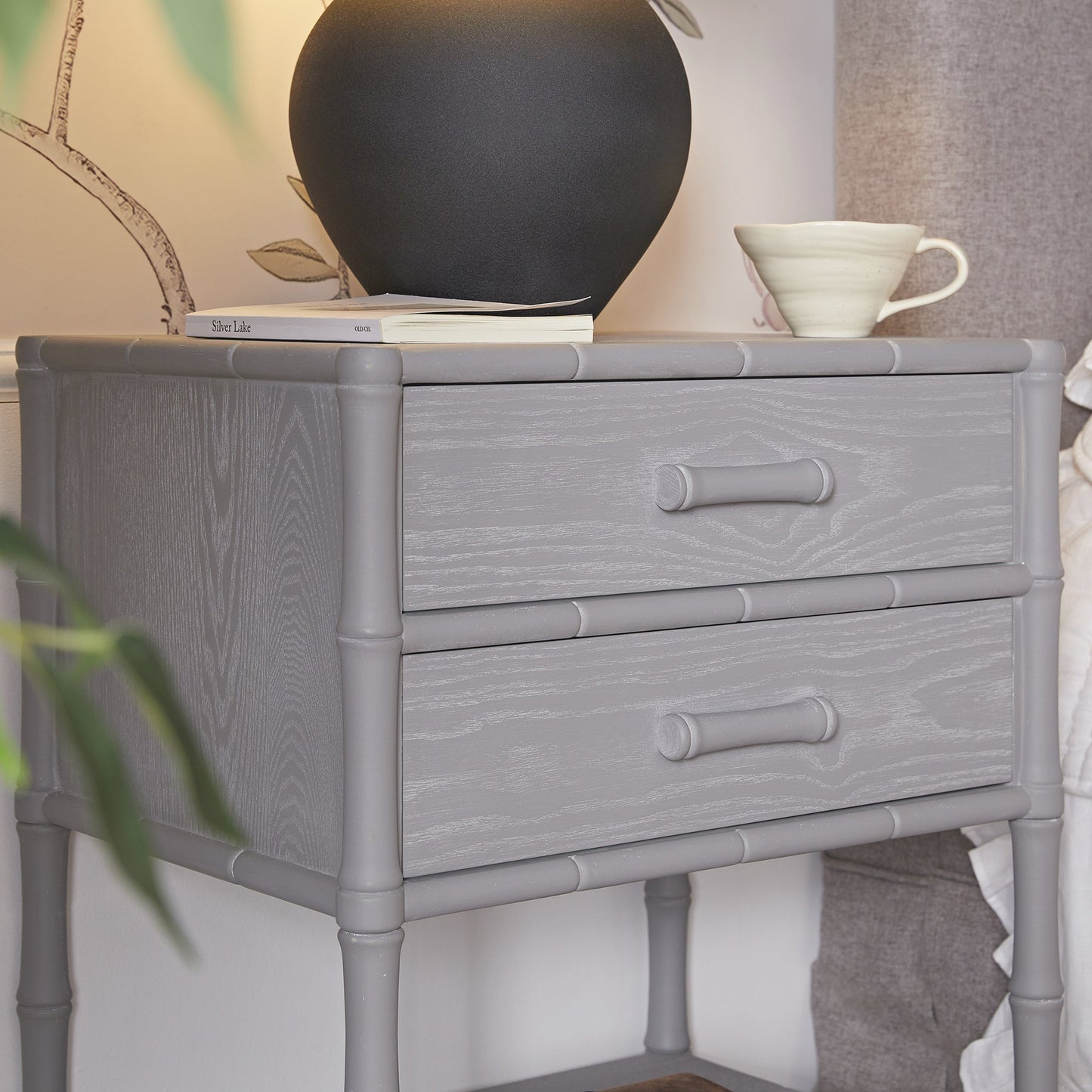 Elstowe Faux Bamboo 2-Drawer Bedside Table, Warm Grey