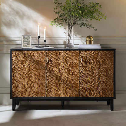 Bianca Chip Carved 3 Door Sideboard, Antique Bronze & Black