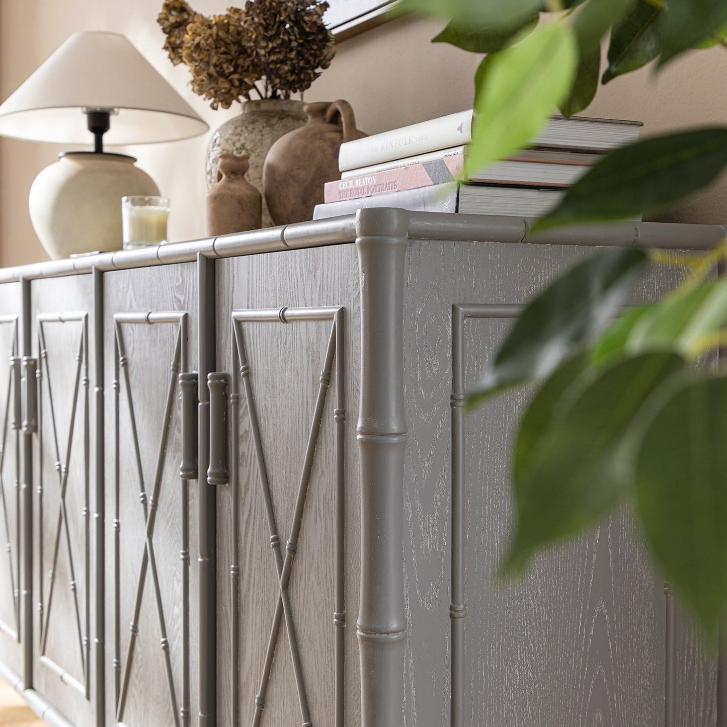 Elstowe Faux Bamboo Large Sideboard, Warm Grey