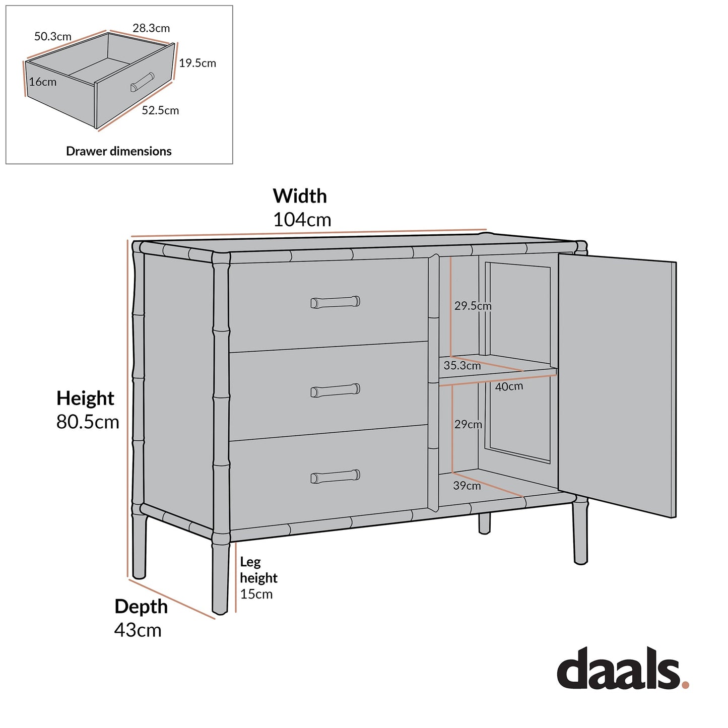 Elstowe Faux Bamboo 1-Door 3-Drawer Sideboard, Nude Pink