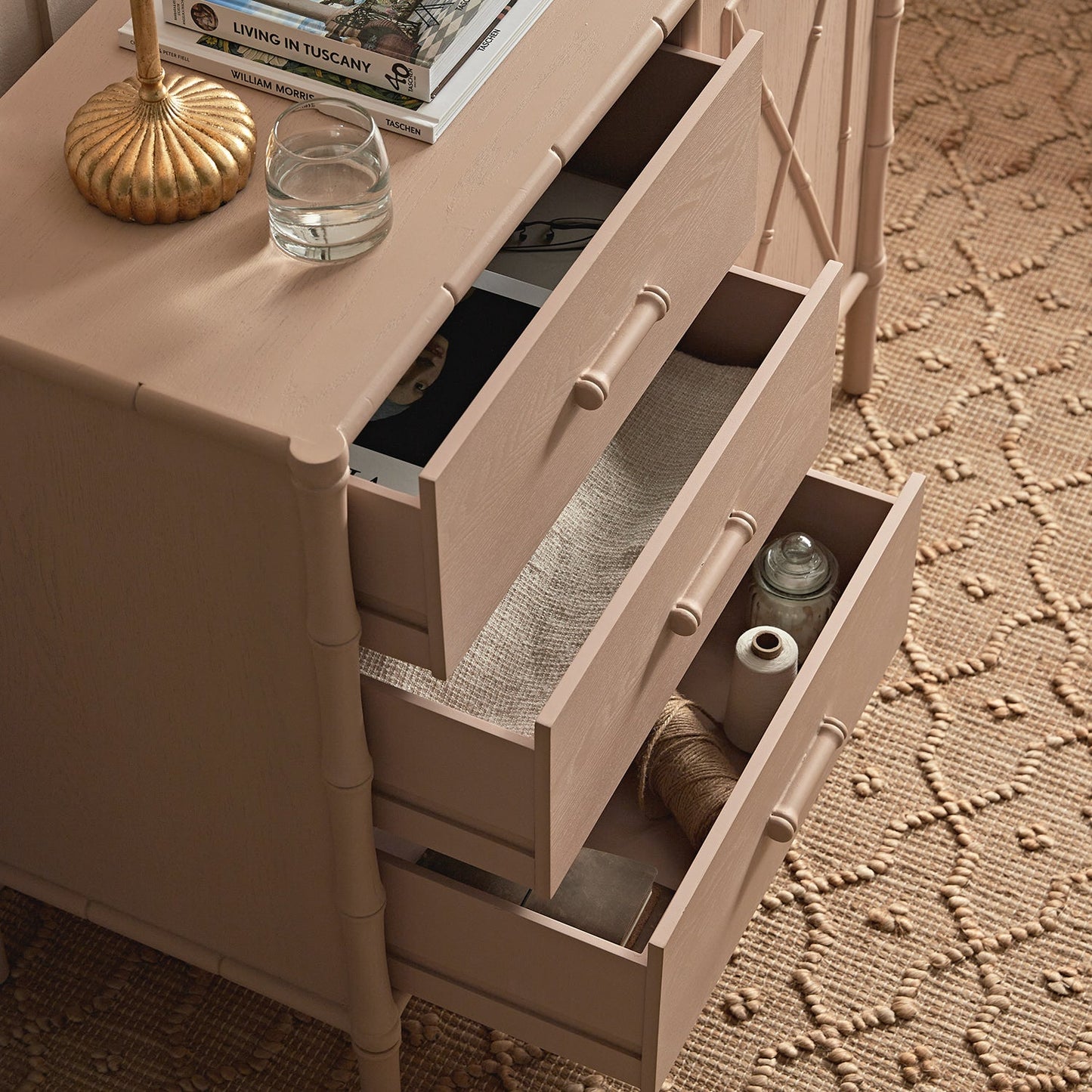 Elstowe Faux Bamboo 1-Door 3-Drawer Sideboard, Nude Pink