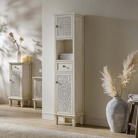 Chantilly Whitewashed Carved Bathroom Tallboy Cabinet