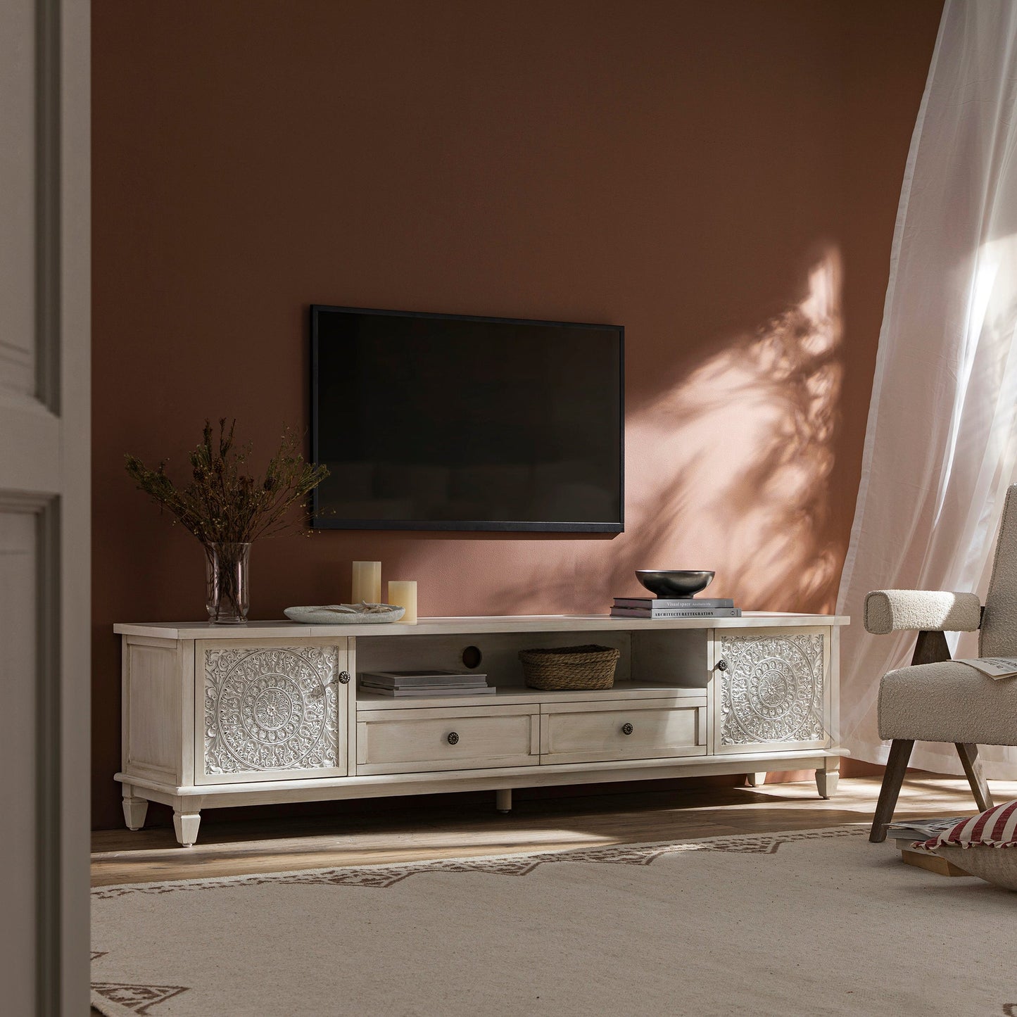 Chantilly Whitewashed 200cm Wide TV Unit