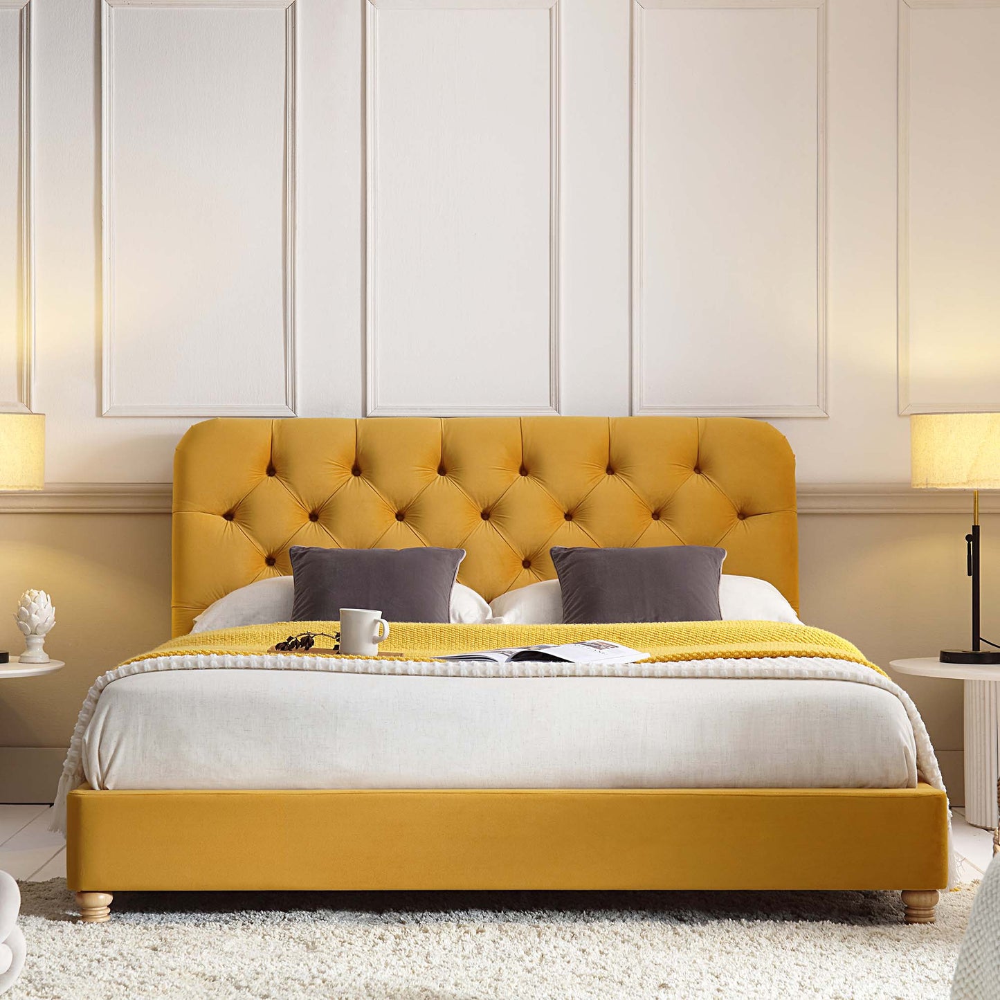 Leamington Deep-Buttoned Upholstered Bed, Turmeric Yellow Velvet