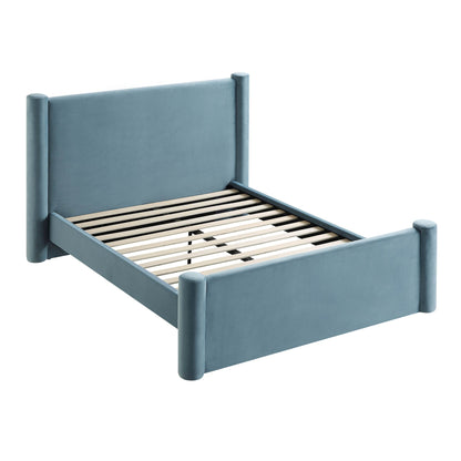 Galerie Misty Blue Velvet Pillar Upholstered Bed