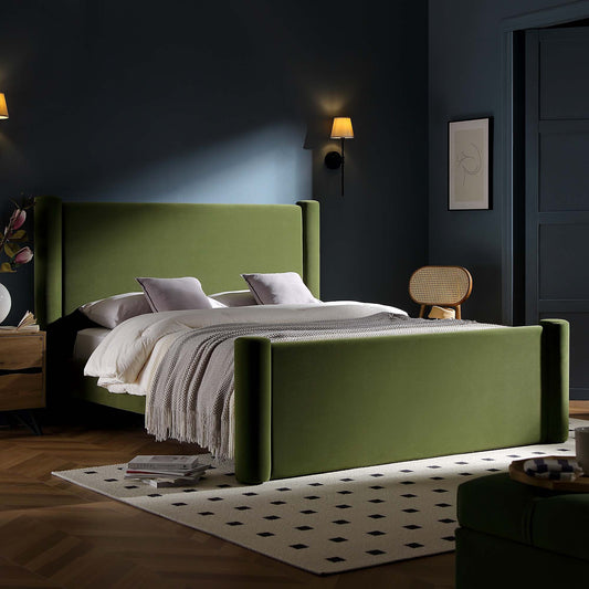 Galerie Moss Green Velvet Pillar Upholstered Bed