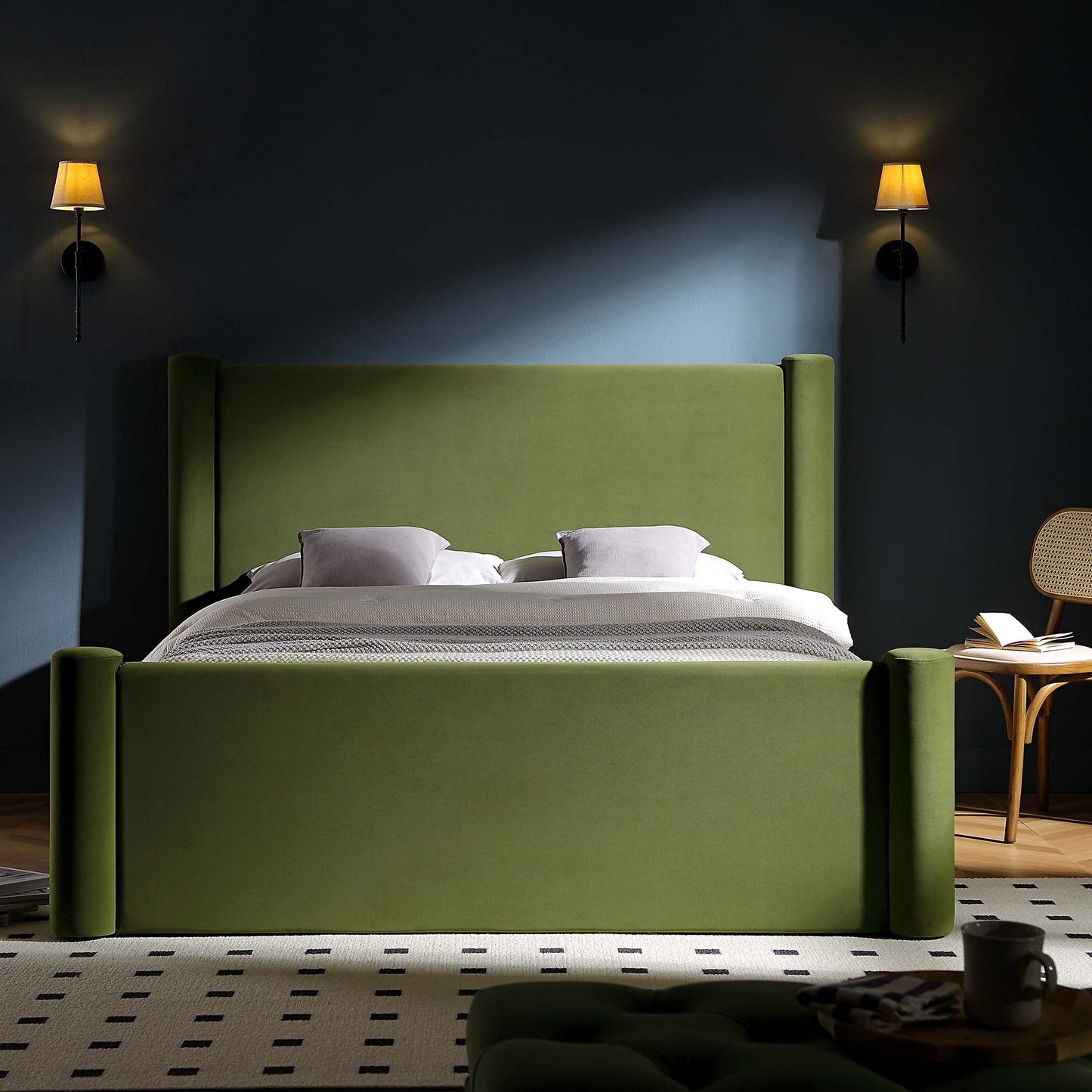 Galerie Moss Green Velvet Pillar Upholstered Bed