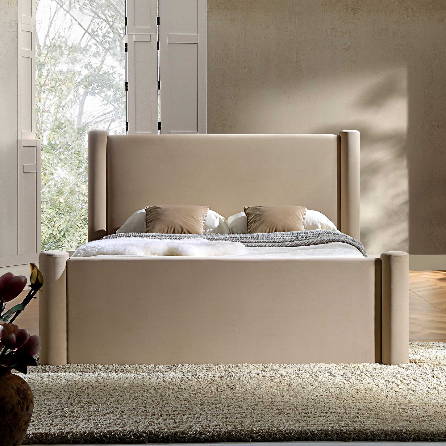 Galerie Taupe Velvet Pillar Upholstered Bed