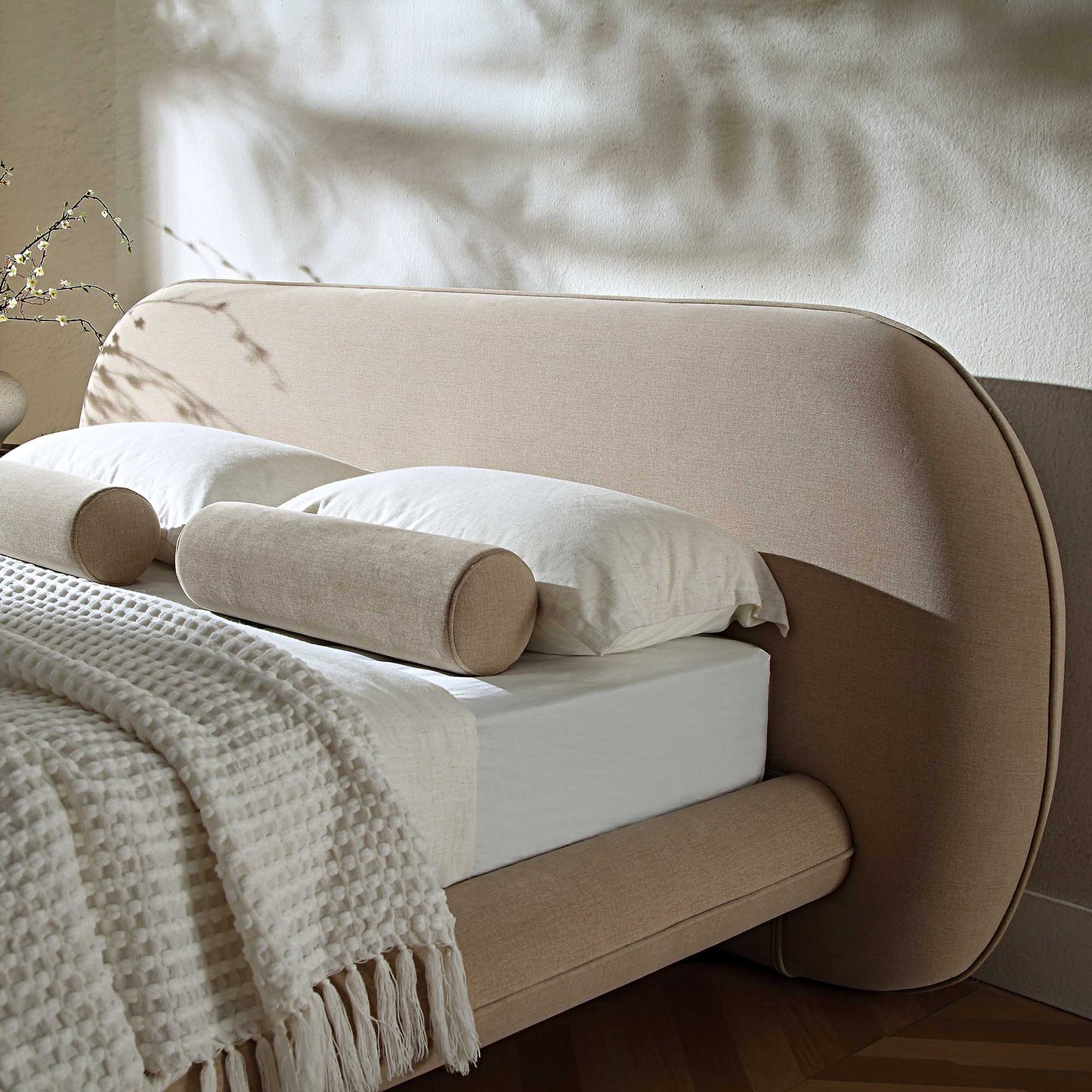 Elystan Oval Headboard Upholstered Bed, Warm Beige Fabric