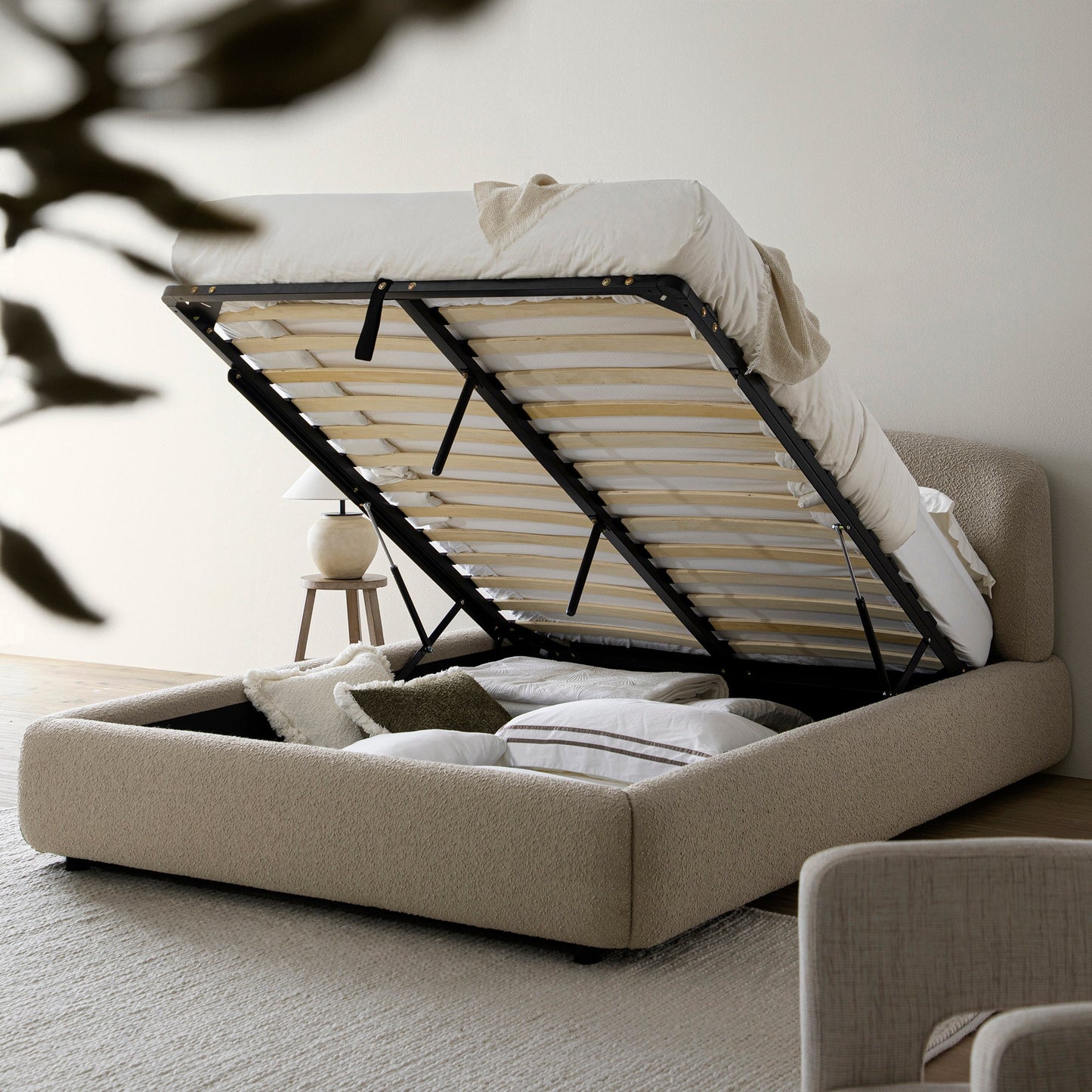 Constance Winged Headboard Ottoman Storage Bed, Light Taupe Boucle