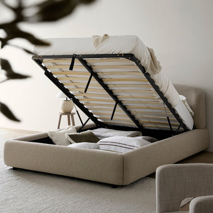 Constance Winged Headboard Ottoman Storage Bed, Light Taupe Boucle