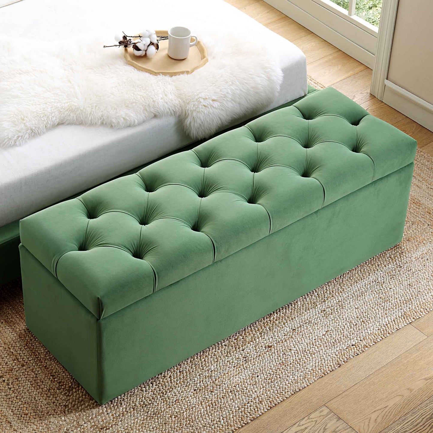 Leamington Deep-Buttoned Ottoman Storage Bench, Meadow Green Velvet