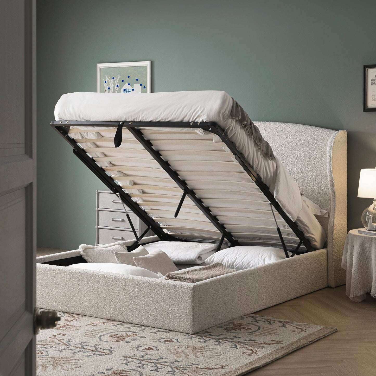 Kimberly Winged Upholstered Storage Bed, Ecru Boucle