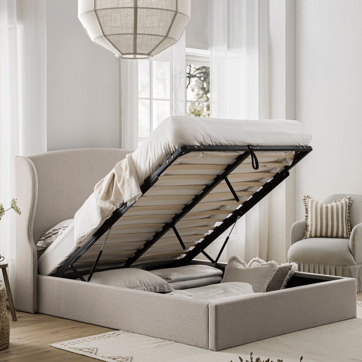 Kimberly Winged Upholstered Storage Bed, Sand Fabric