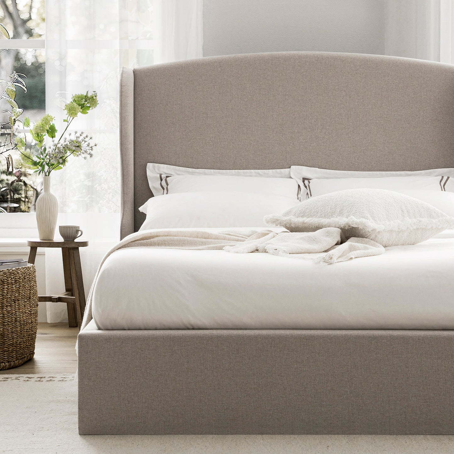 Kimberly Winged Upholstered Storage Bed, Sand Fabric
