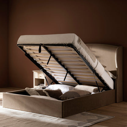 Kimberly Winged Upholstered Storage Bed, Taupe Velvet